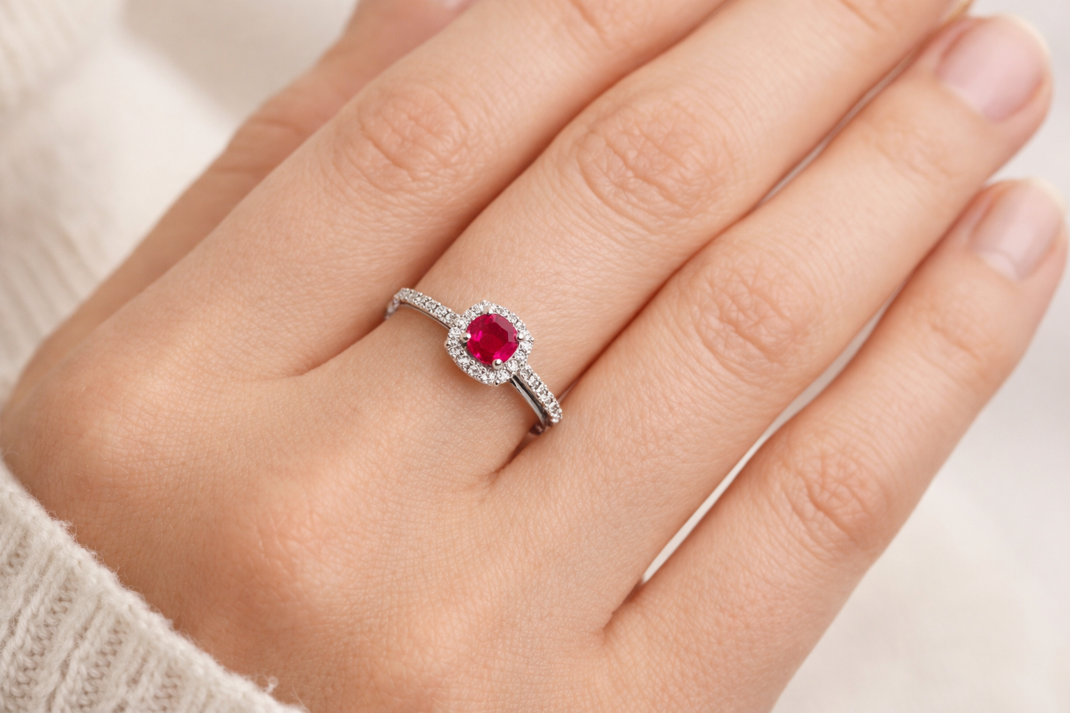 18K White Gold Ruby & Diamond Halo Engagement Ring