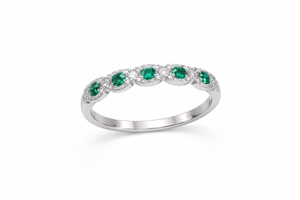 18K White Gold Emerald & Diamond Halo Eternity Band