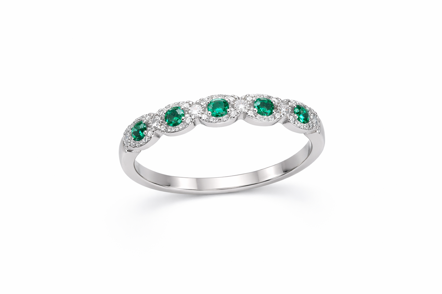 18K White Gold Emerald & Diamond Halo Eternity Band