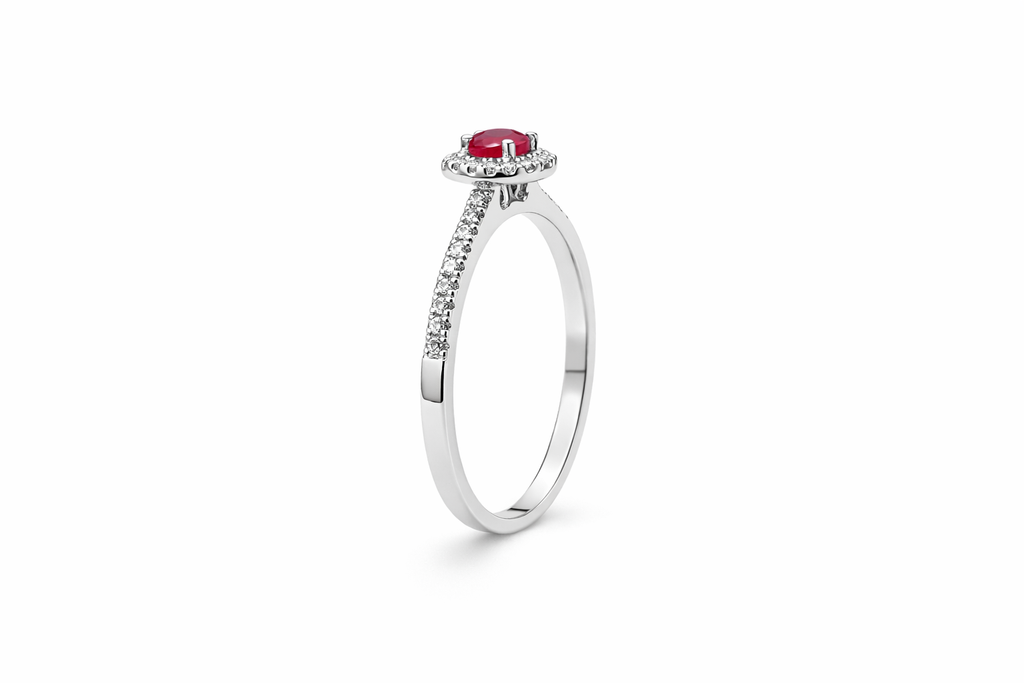 18K White Gold Ruby & Diamond Halo Engagement Ring