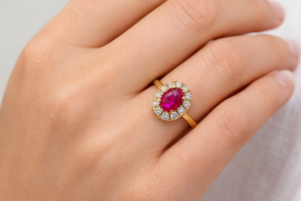 Roselle Petite Ruby & Diamond Halo Ring