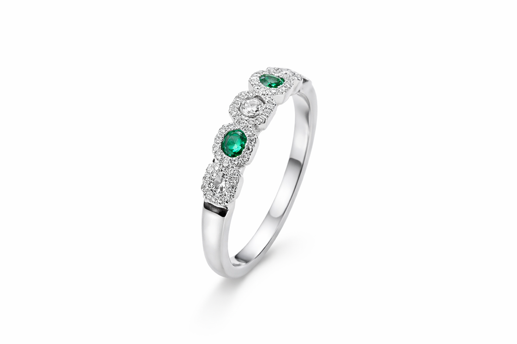 18K White Gold Emerald & Diamond Halo Eternity Band