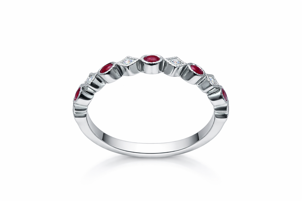 18K White Gold Ruby & Diamond Vintage Style Band