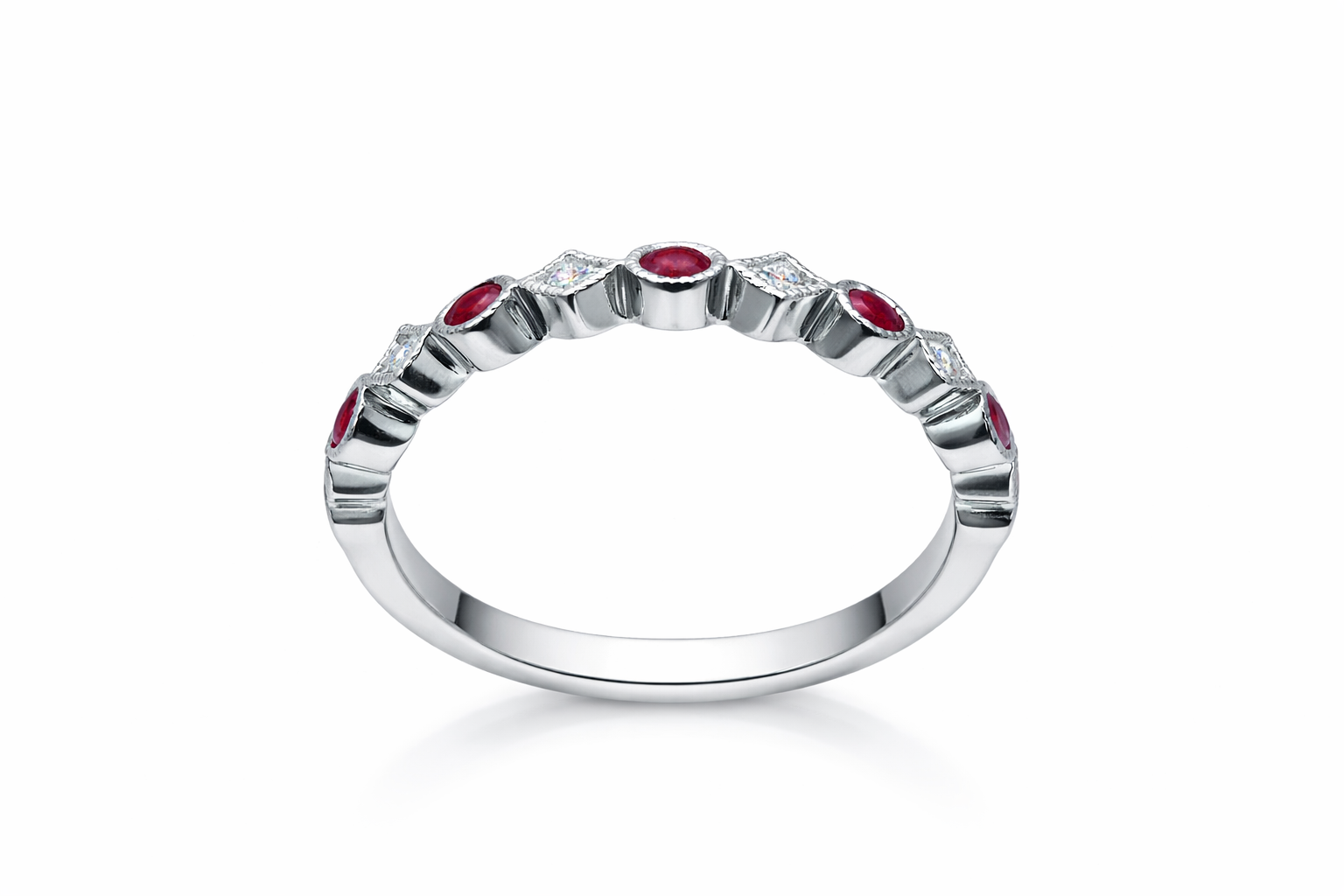 18K White Gold Ruby & Diamond Vintage Style Band