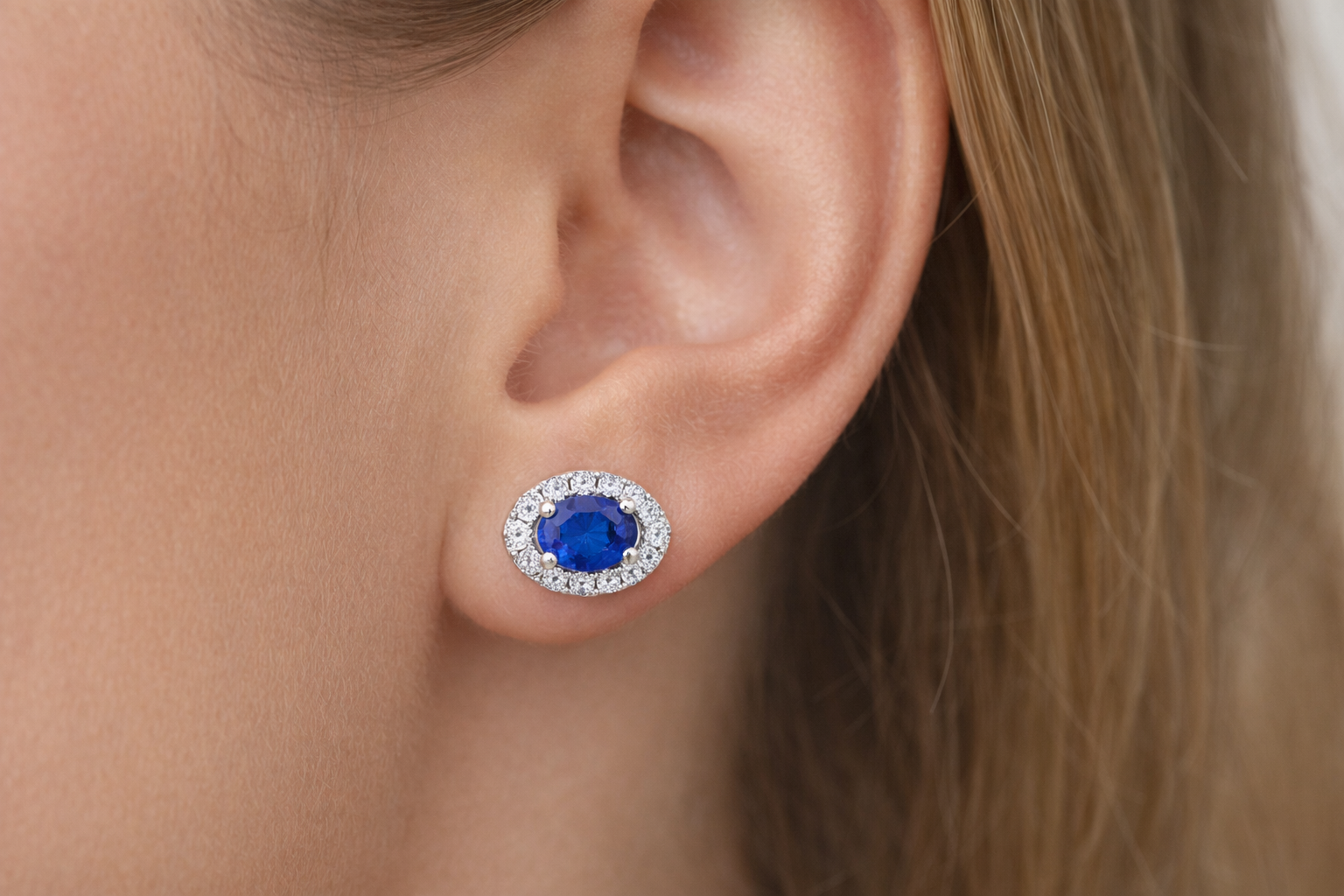 Royal Sapphire Halo Diamond Stud Earrings