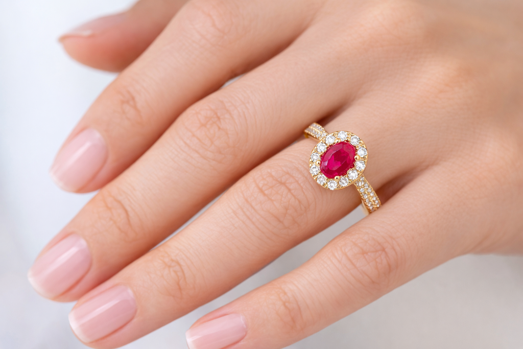 Roselle Classic Ruby Halo Ring