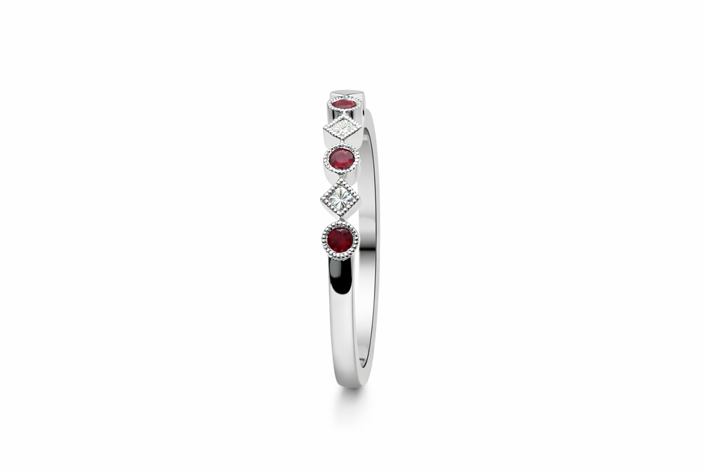 18K White Gold Ruby & Diamond Vintage Style Band