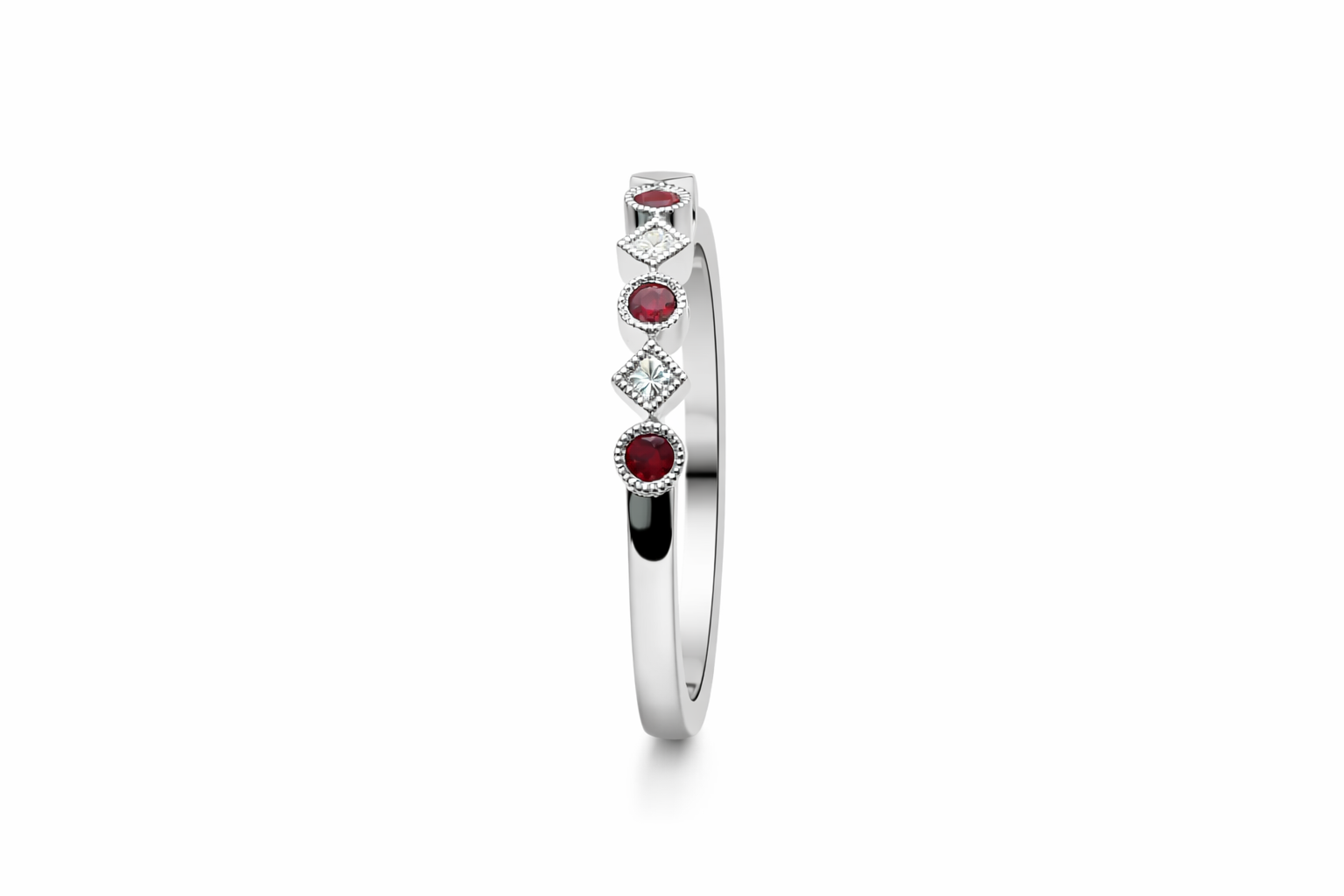 18K White Gold Ruby & Diamond Vintage Style Band