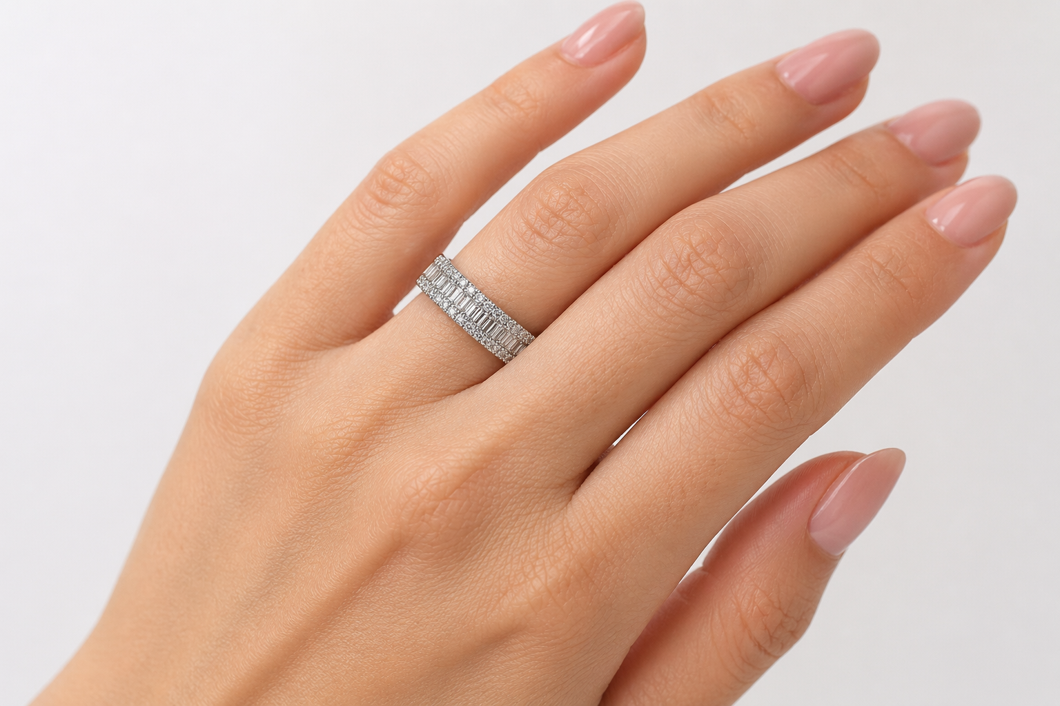 Baguette & Round Diamond Double Halo Band Ring