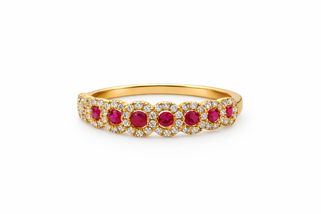 18K Yellow Gold Ruby & Diamond Halo Eternity Band