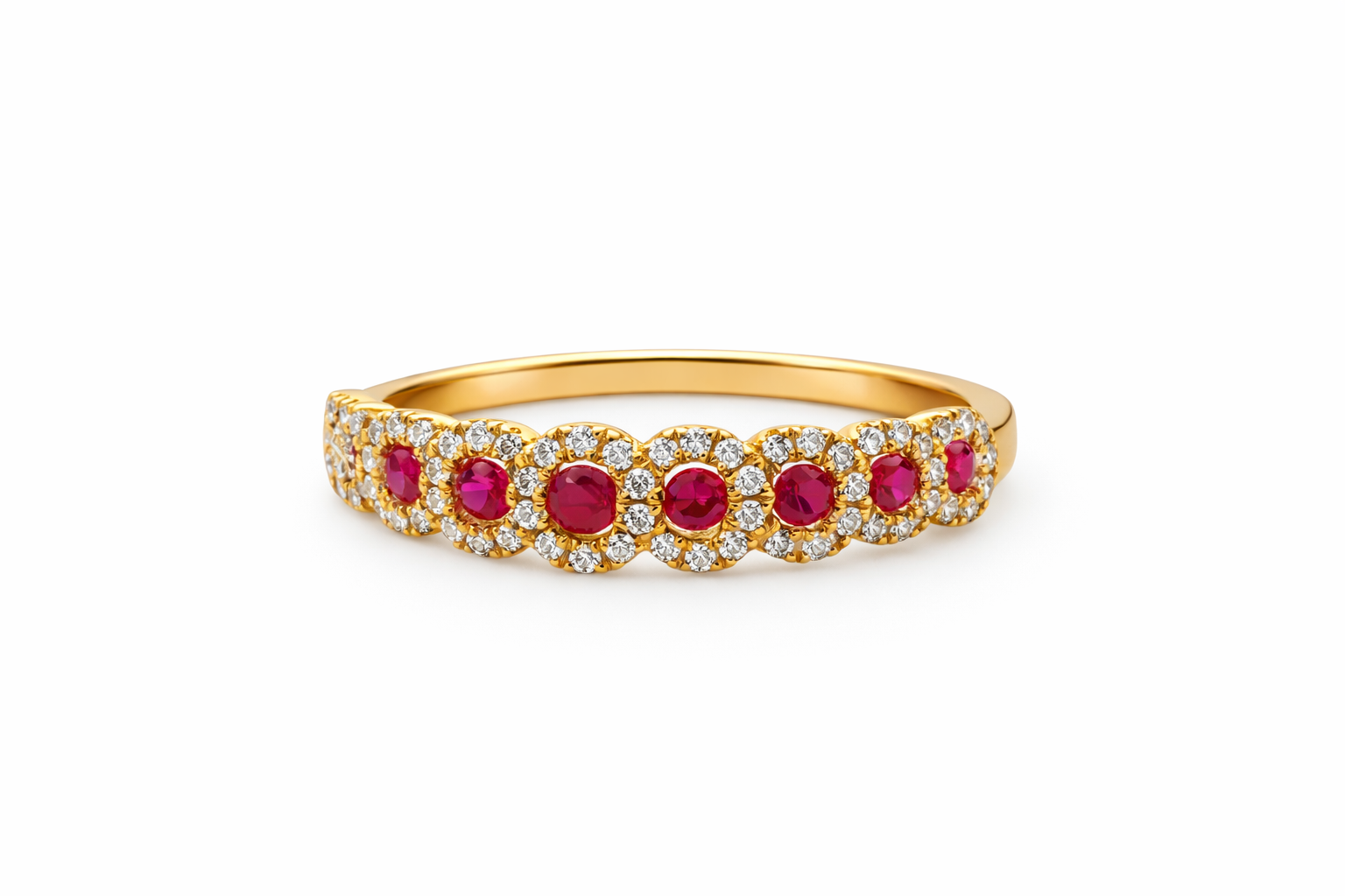 18K Yellow Gold Ruby & Diamond Halo Eternity Band