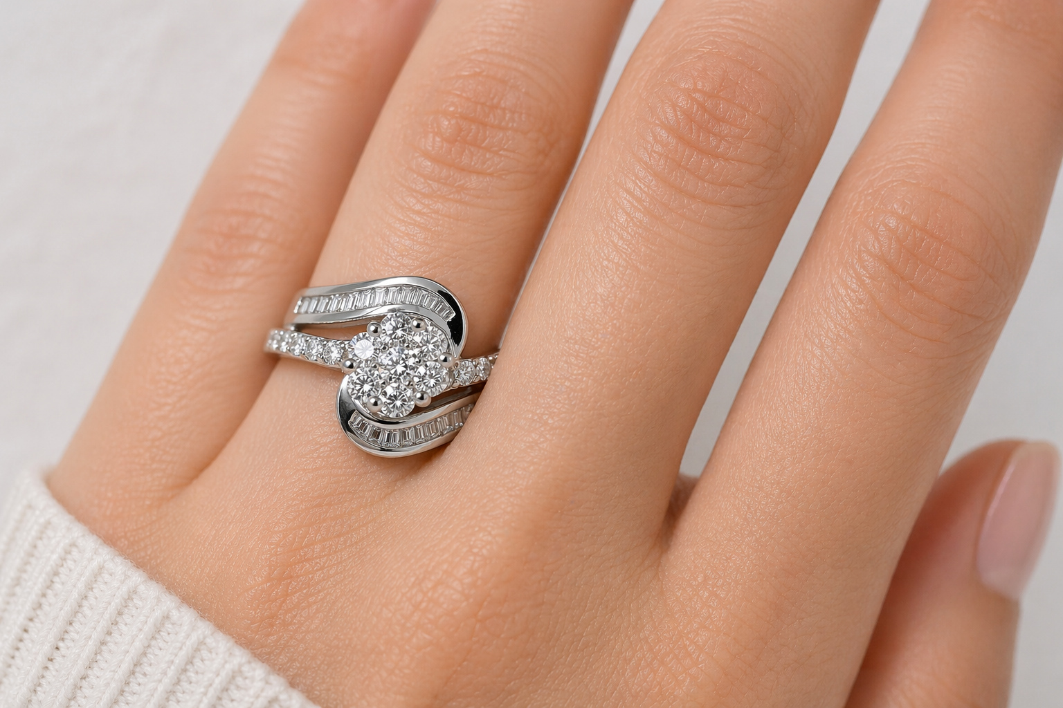 Floral Cluster Diamond Bypass Ring with Baguette Accents