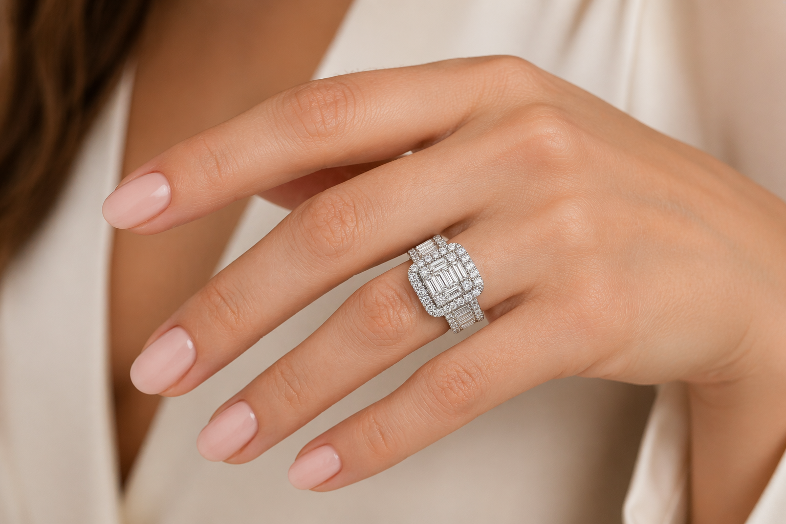 Emerald Halo Baguette Diamond Ring