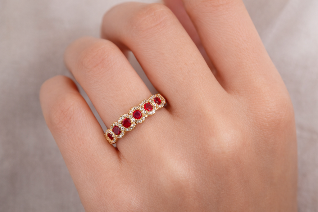 18K Yellow Gold Ruby & Diamond Halo Eternity Band