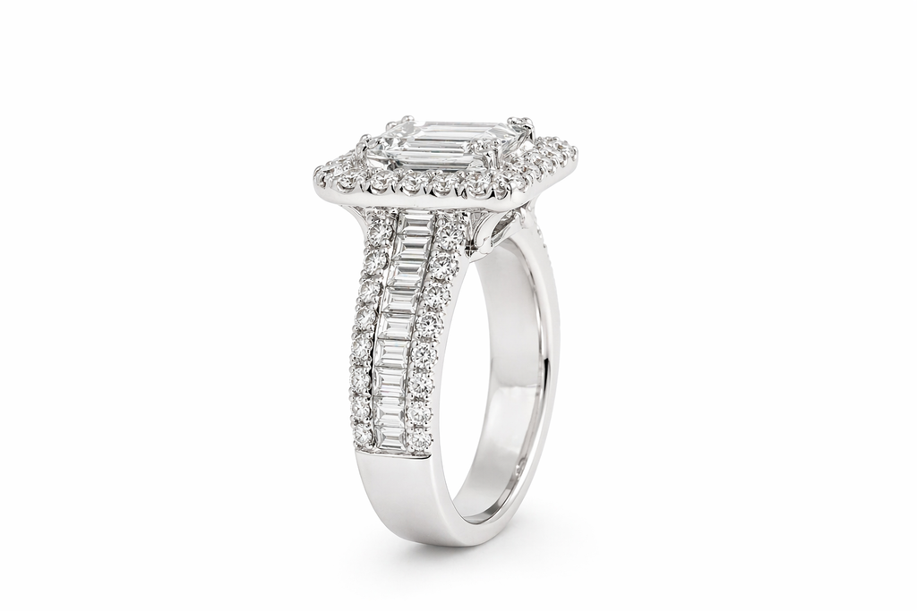 Emerald Halo Baguette Diamond Ring