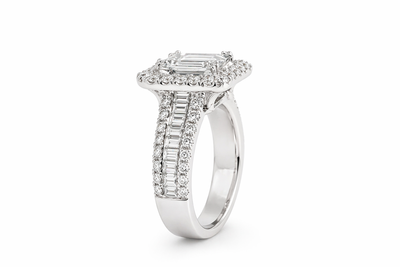 Emerald Halo Baguette Diamond Ring
