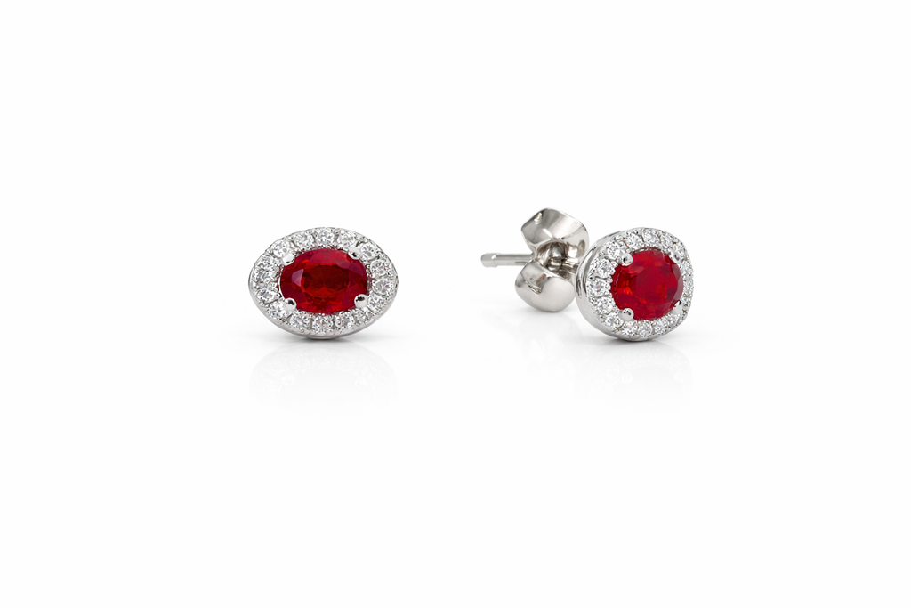 Scarlet Ruby Halo Diamond Stud Earrings
