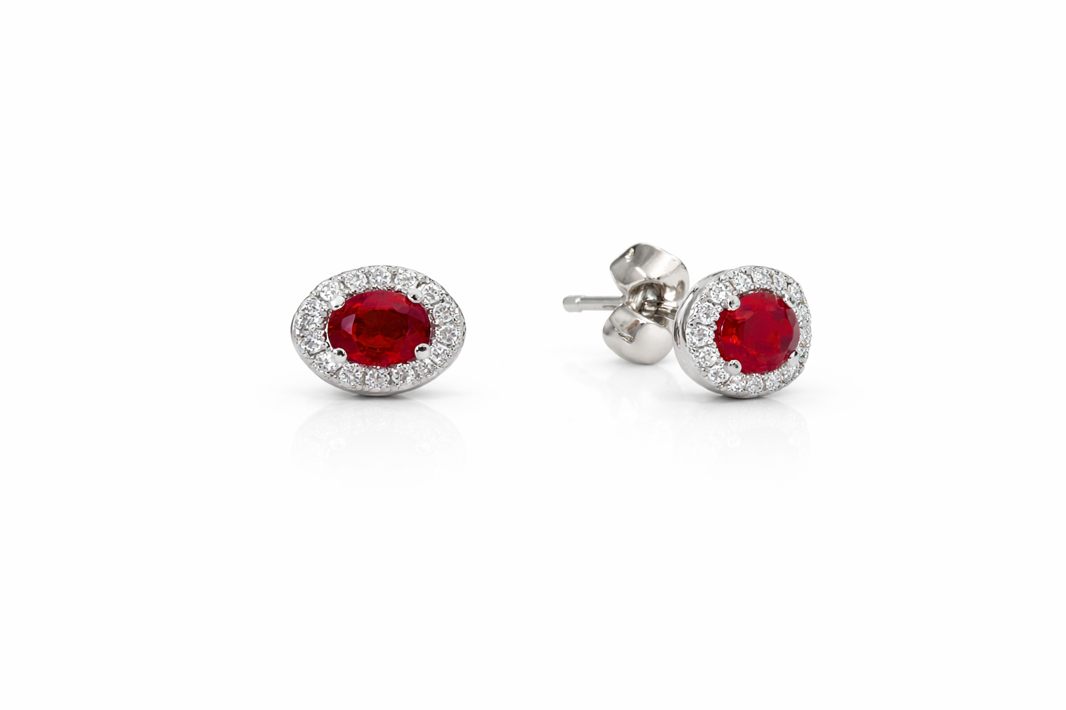 Scarlet Ruby Halo Diamond Stud Earrings