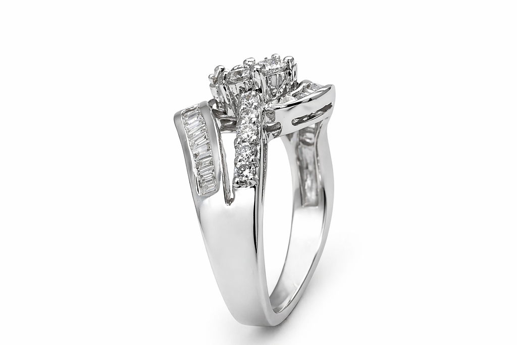 Floral Cluster Diamond Bypass Ring with Baguette Accents
