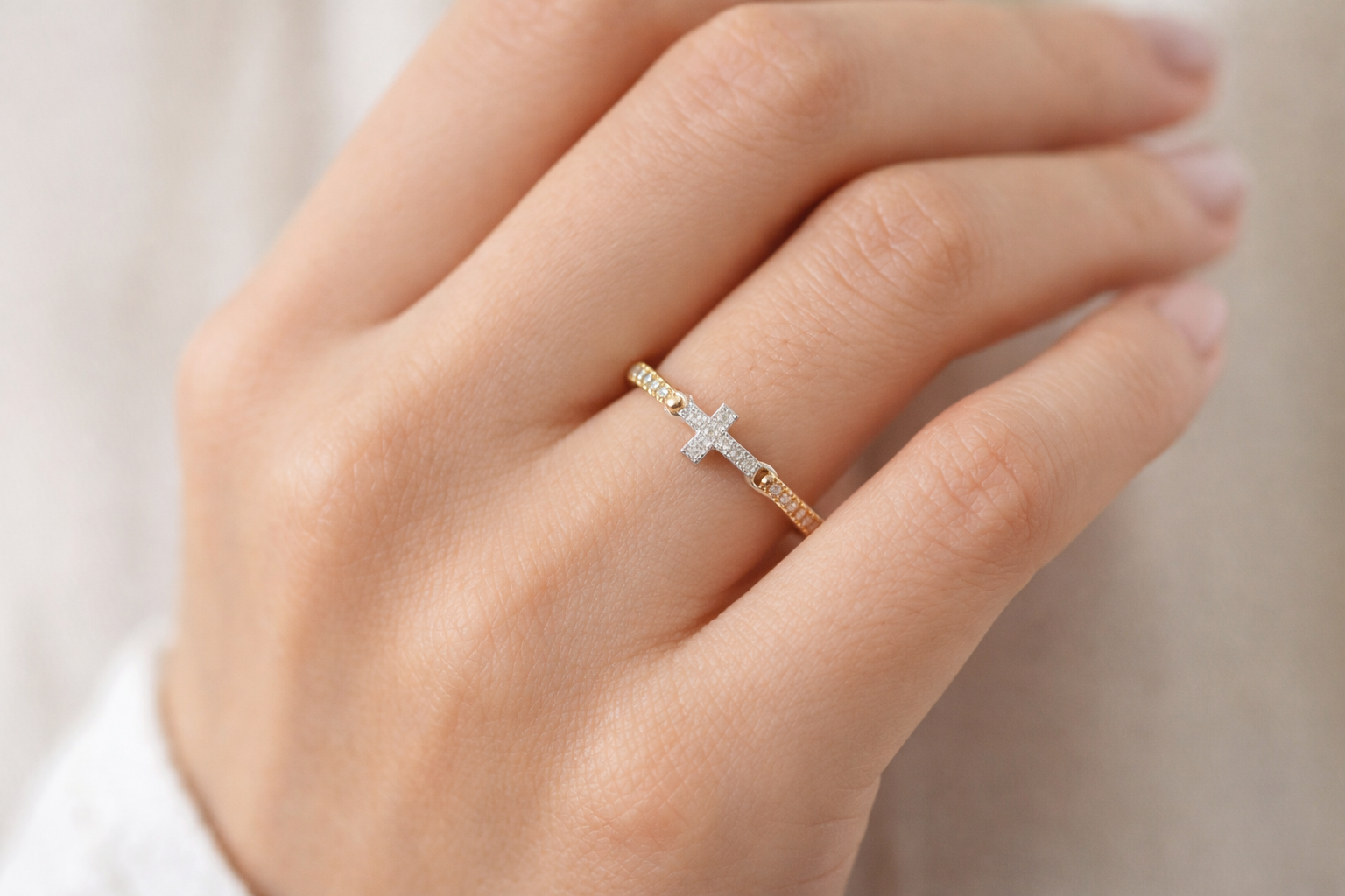 18K Yellow Gold Diamond Cross Ring