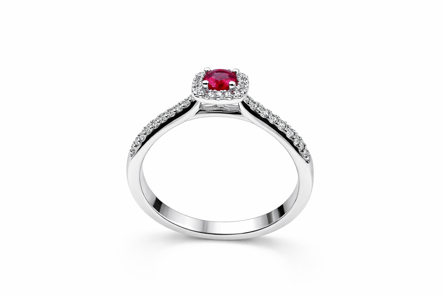 18K White Gold Ruby & Diamond Halo Engagement Ring