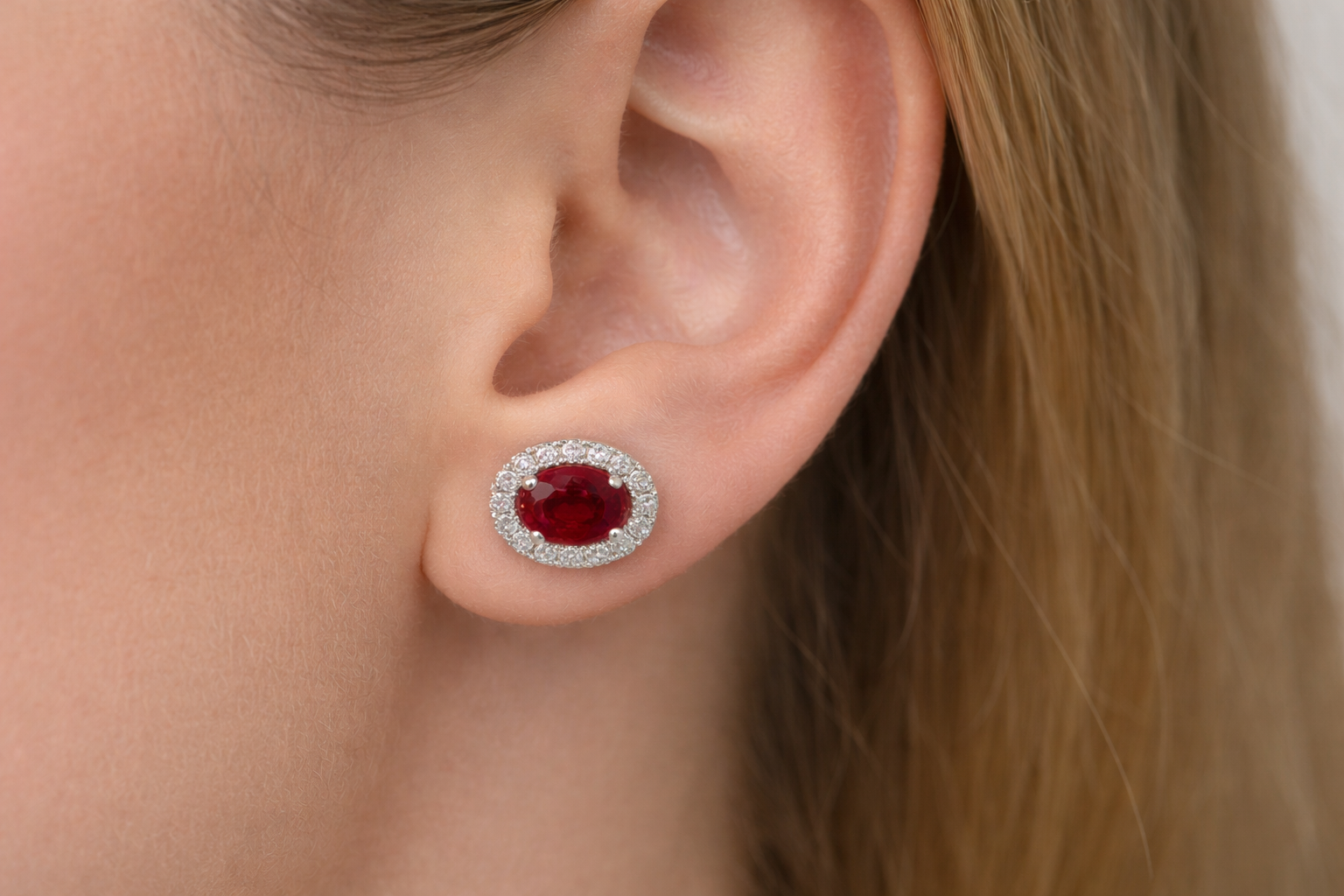 Scarlet Ruby Halo Diamond Stud Earrings