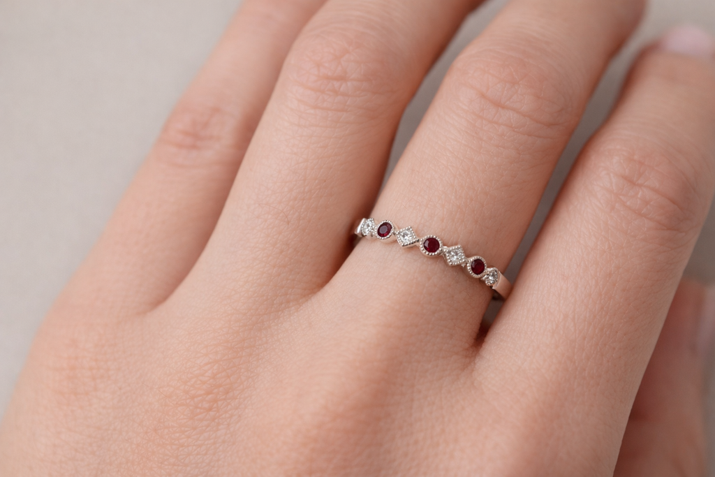 18K White Gold Ruby & Diamond Vintage Style Band