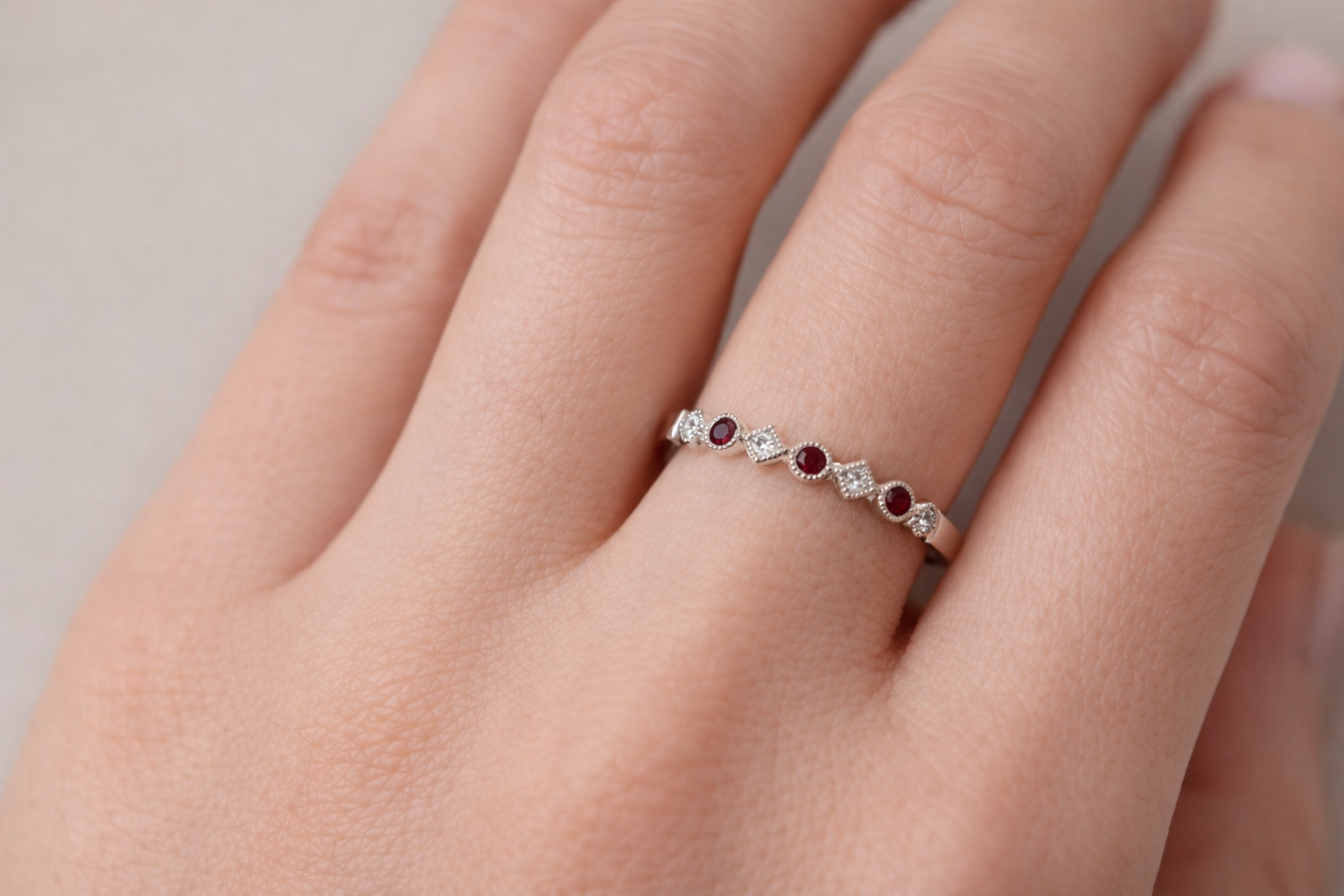 18K White Gold Ruby & Diamond Vintage Style Band