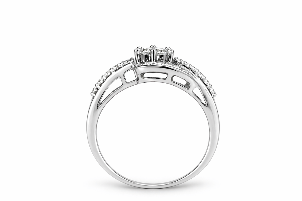 Floral Cluster Diamond Bypass Ring with Baguette Accents