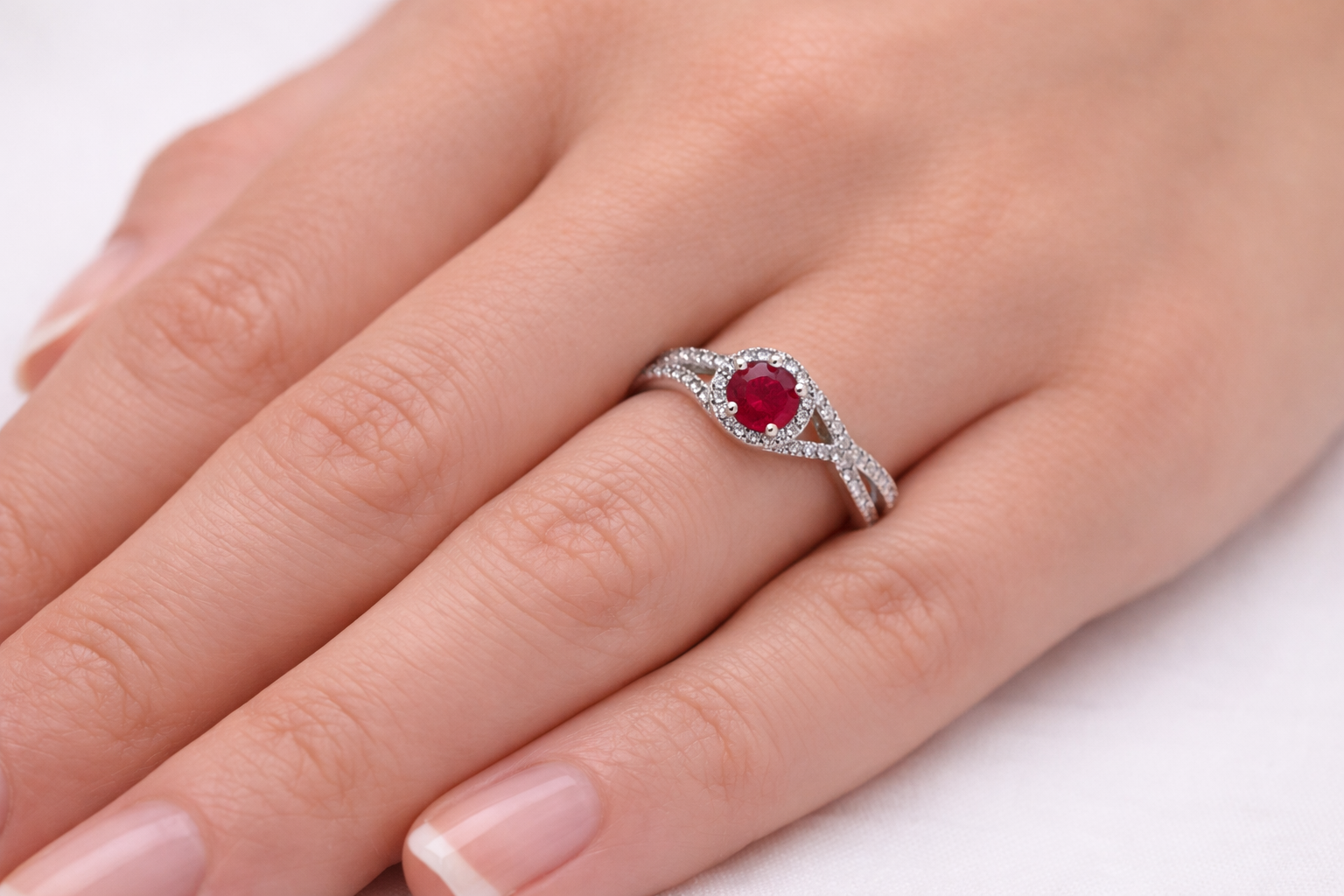 18K White Gold Ruby & Diamond Infinity Halo Ring