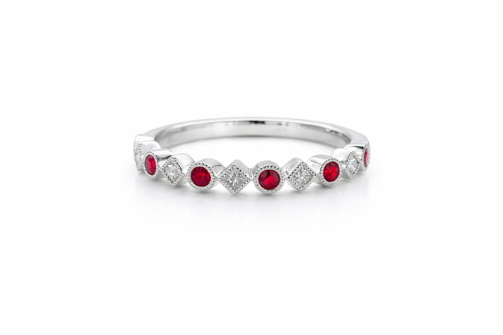18K White Gold Ruby & Diamond Vintage Style Band