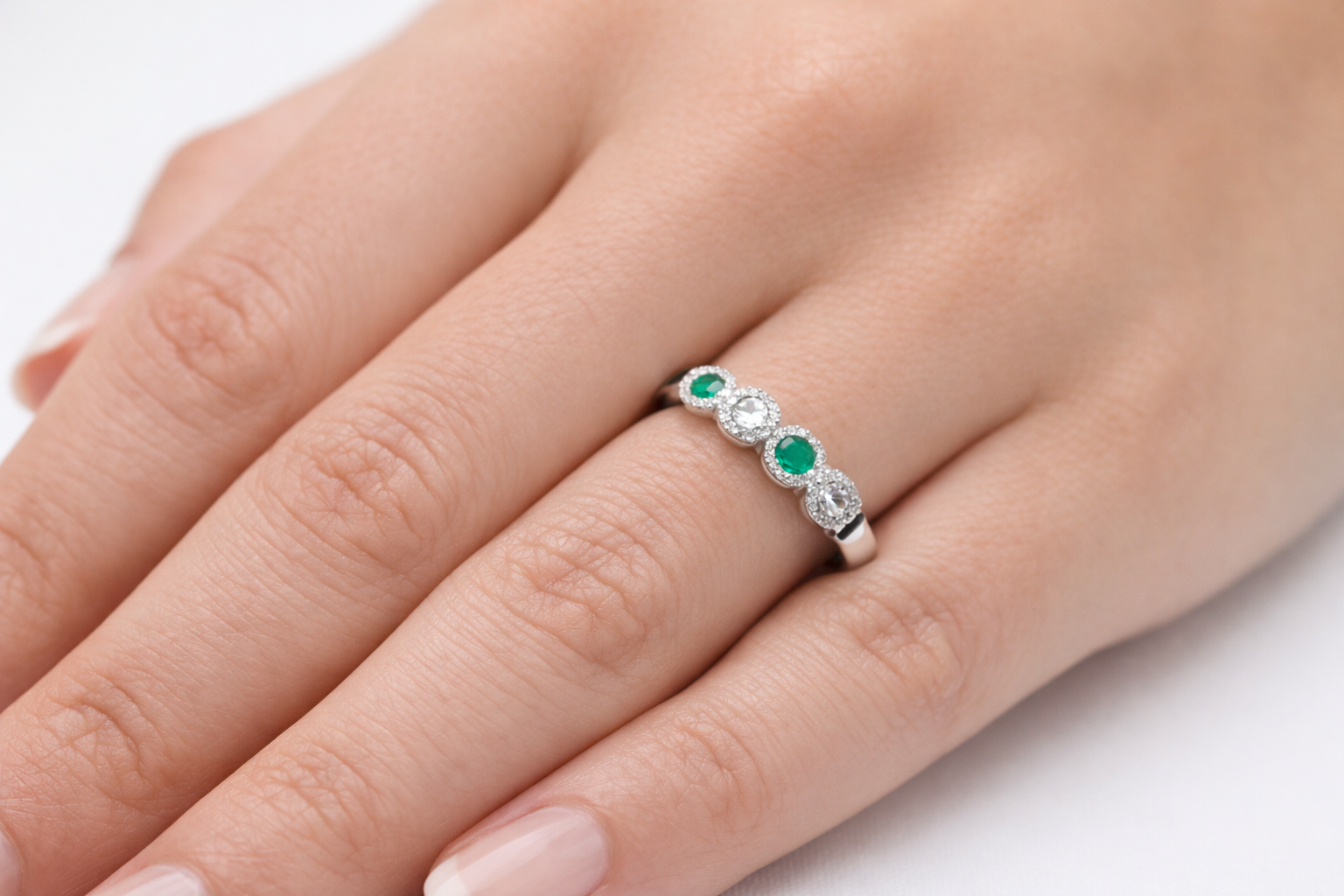 18K White Gold Emerald & Diamond Halo Eternity Band