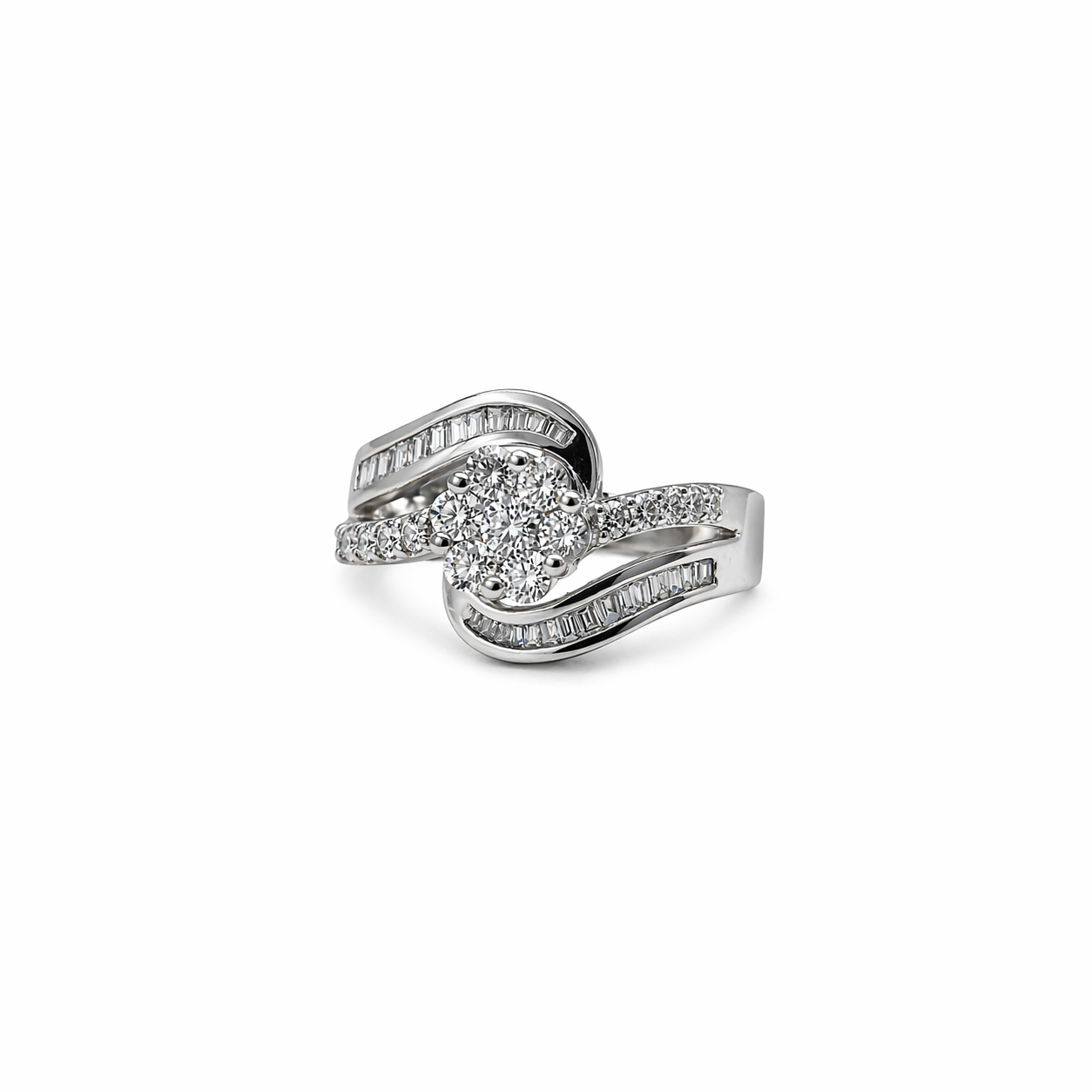 Floral Cluster Diamond Bypass Ring with Baguette Accents