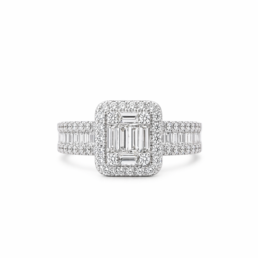 Emerald Halo Baguette Diamond Ring