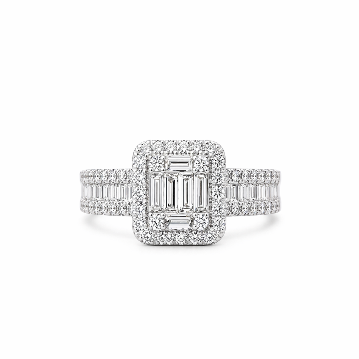 Emerald Halo Baguette Diamond Ring
