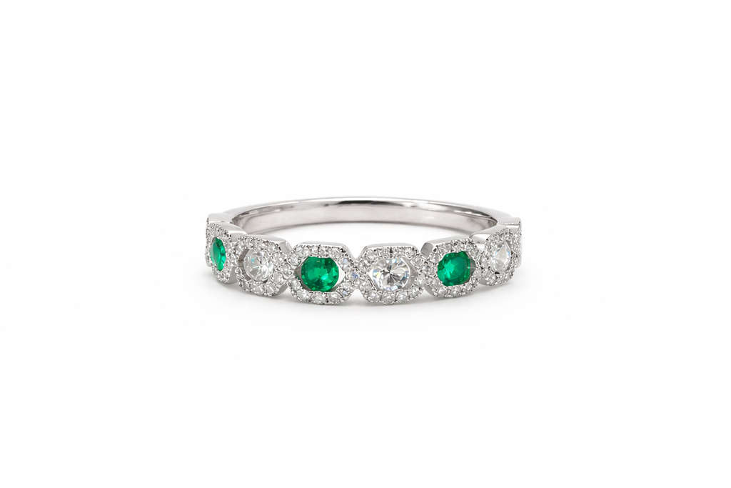 18K White Gold Emerald & Diamond Halo Eternity Band