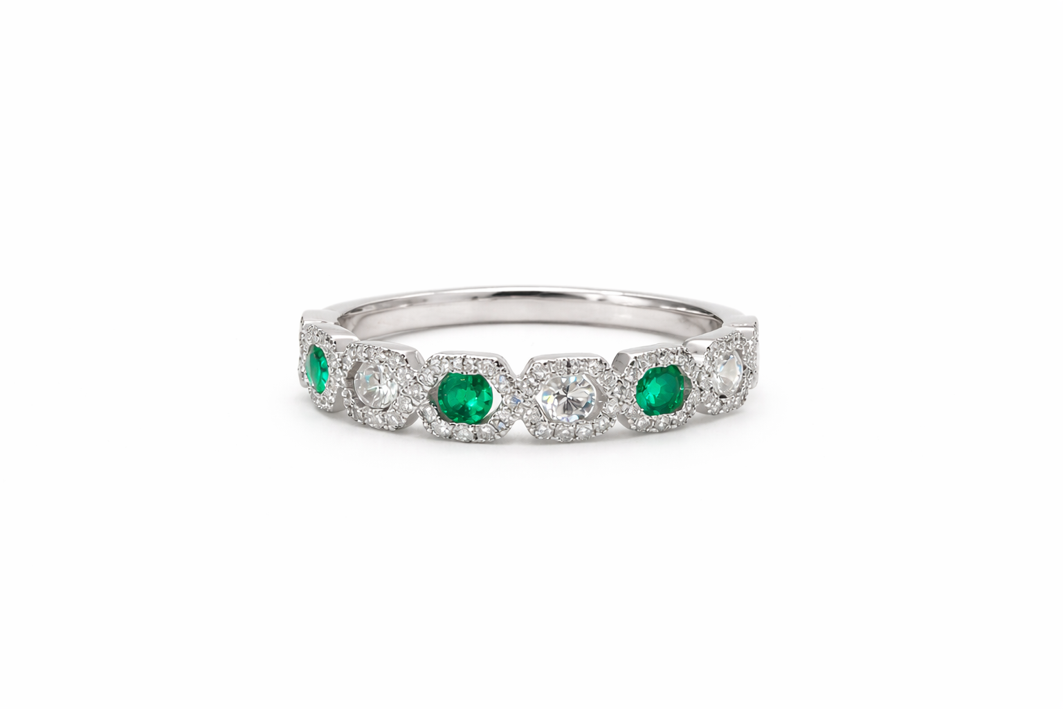 18K White Gold Emerald & Diamond Halo Eternity Band